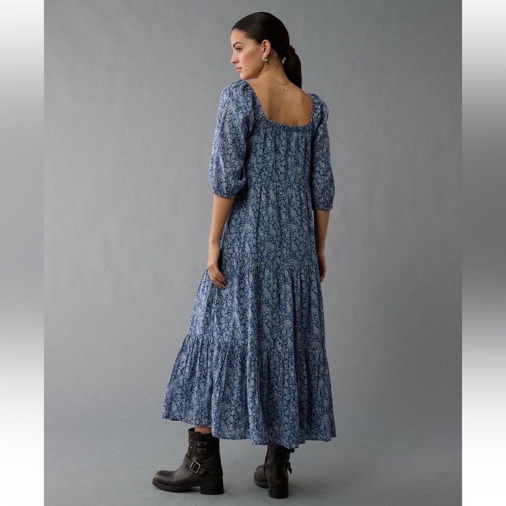 American Eagle Puff Sleeve Tiered Midi Dress - Picture 2 of 5